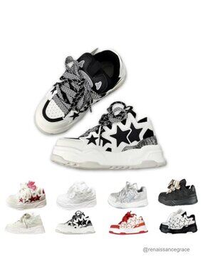 Women's Chunky Sneakers Unisex Lace-Up Faux Leather Platform Casual Dad Shoes